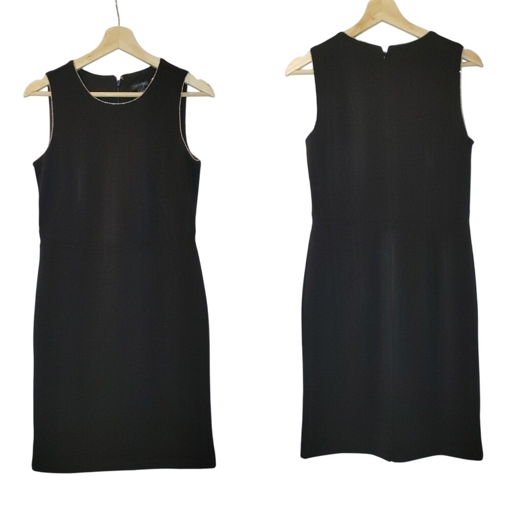 Ann Taylor Sleeveless Pencil Dress Black Metallic Silver Beaded Trim 2 Stretch‎